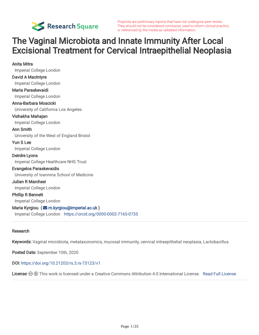 The Vaginal Microbiota and Innate Immunity After Local Excisional Treatment for Cervical Intraepithelial Neoplasia