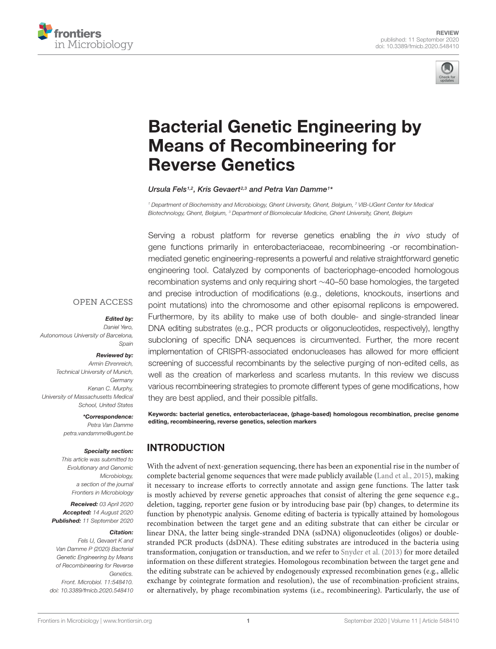 Bacterial Genetic Engineering by Means of Recombineering for Reverse Genetics