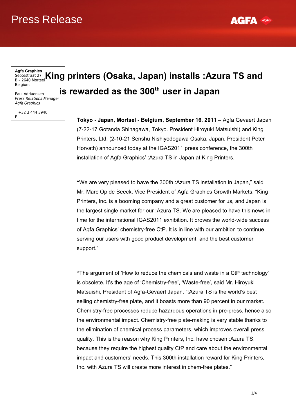 King Printers (Osaka, Japan) Installs :Azura TS and Is Rewarded As the 300Th User in Japan