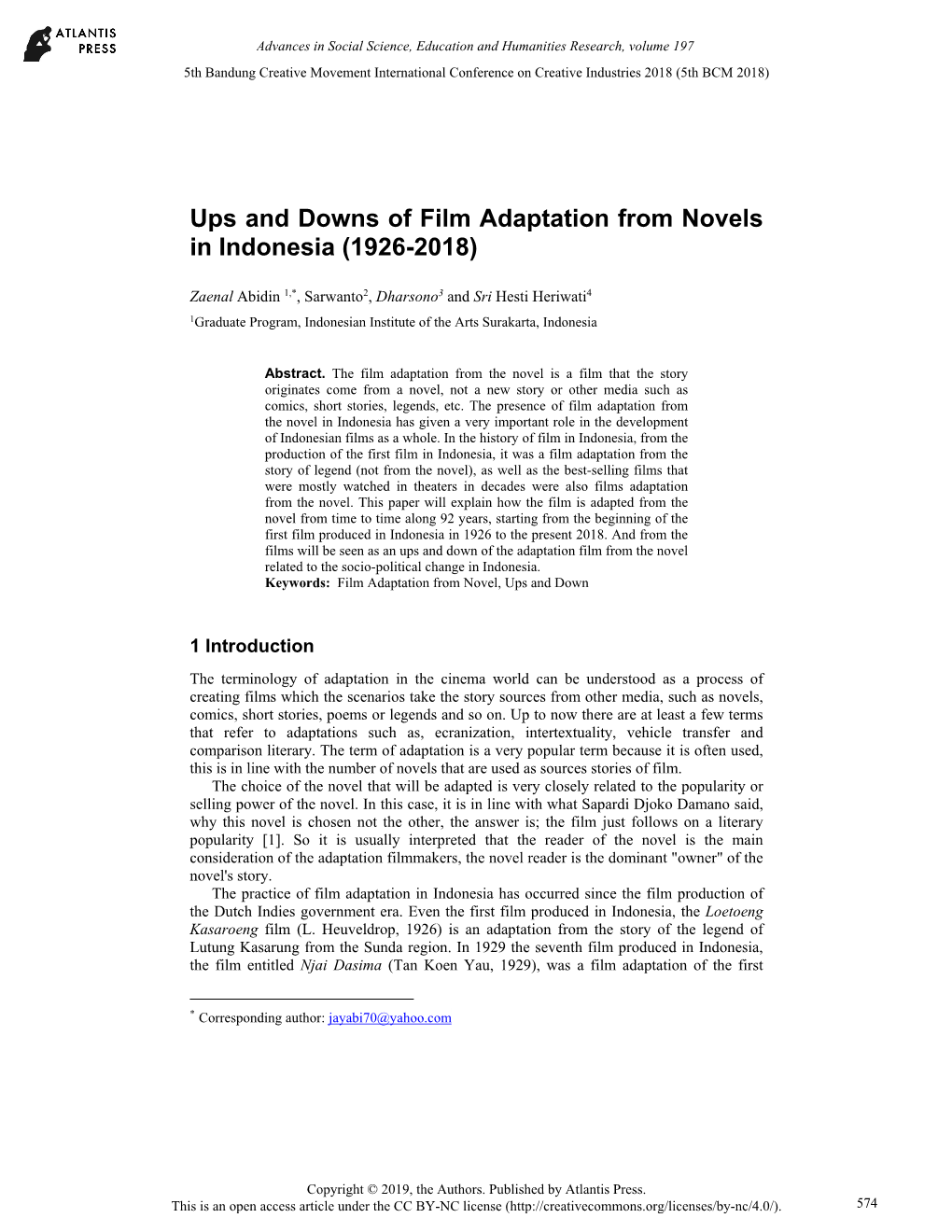 Ups and Downs of Film Adaptation from Novels in Indonesia (1926-2018)