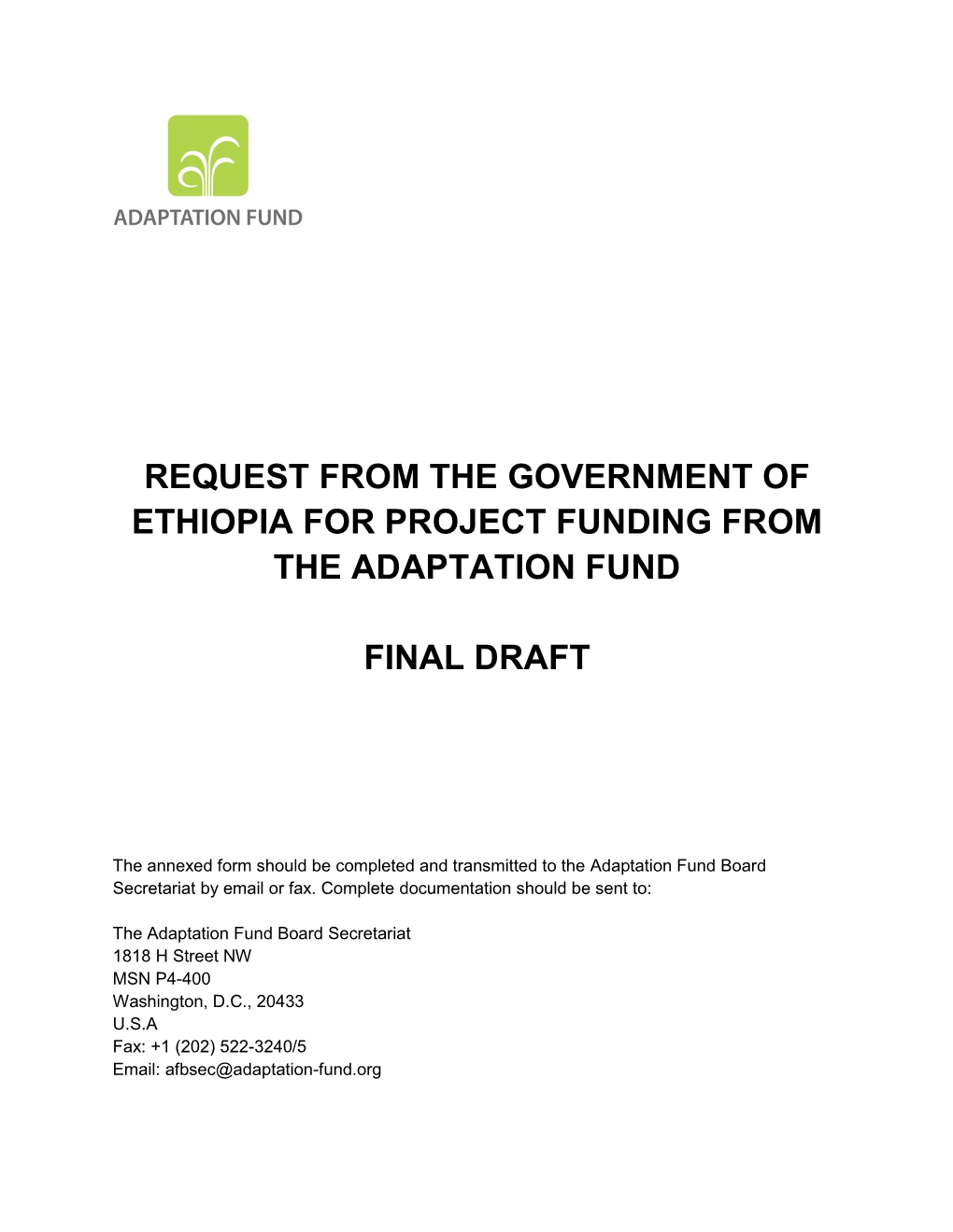 Request from the Government of Ethiopia for Project Funding from the Adaptation Fund Final Draft