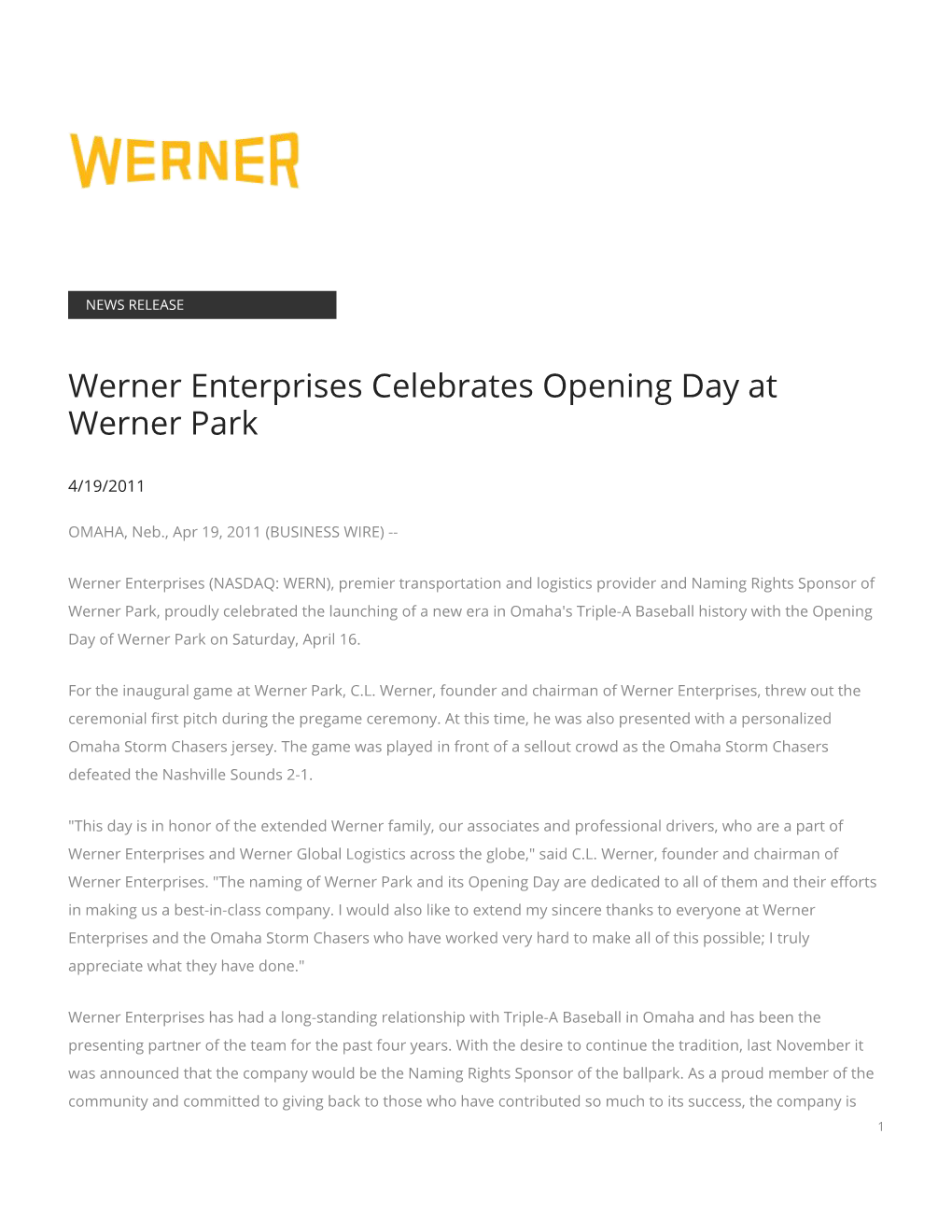 Werner Enterprises Celebrates Opening Day at Werner Park