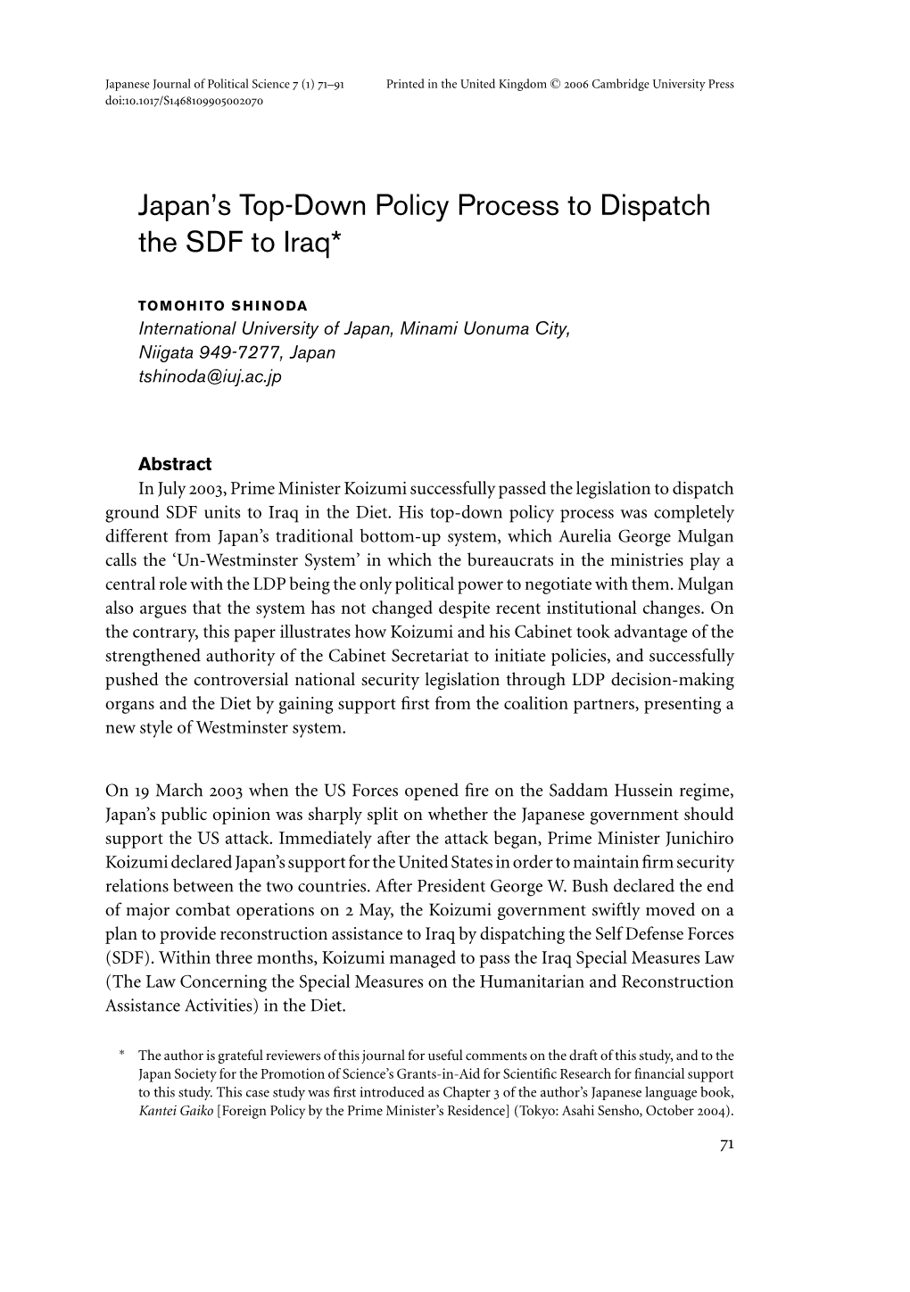 Japan's Top-Down Policy Process to Dispatch the SDF to Iraq