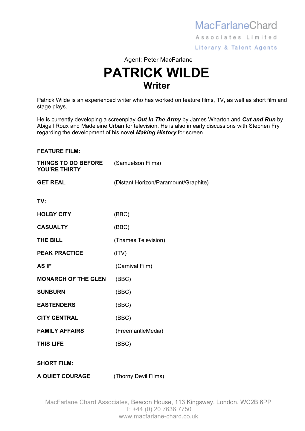 PATRICK WILDE Writer