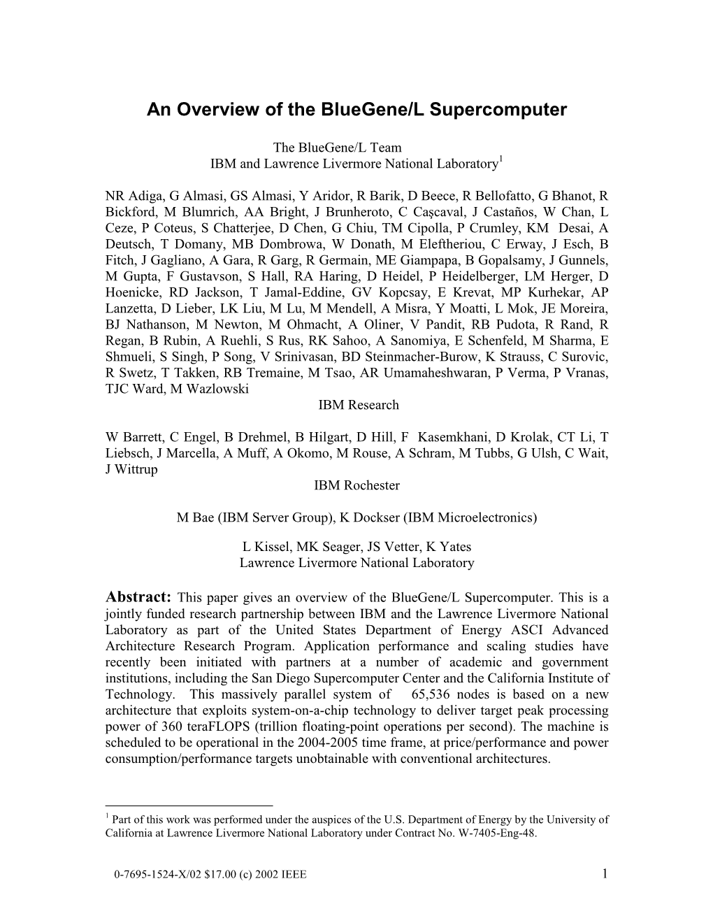 An Overview of the Bluegene/L Supercomputer