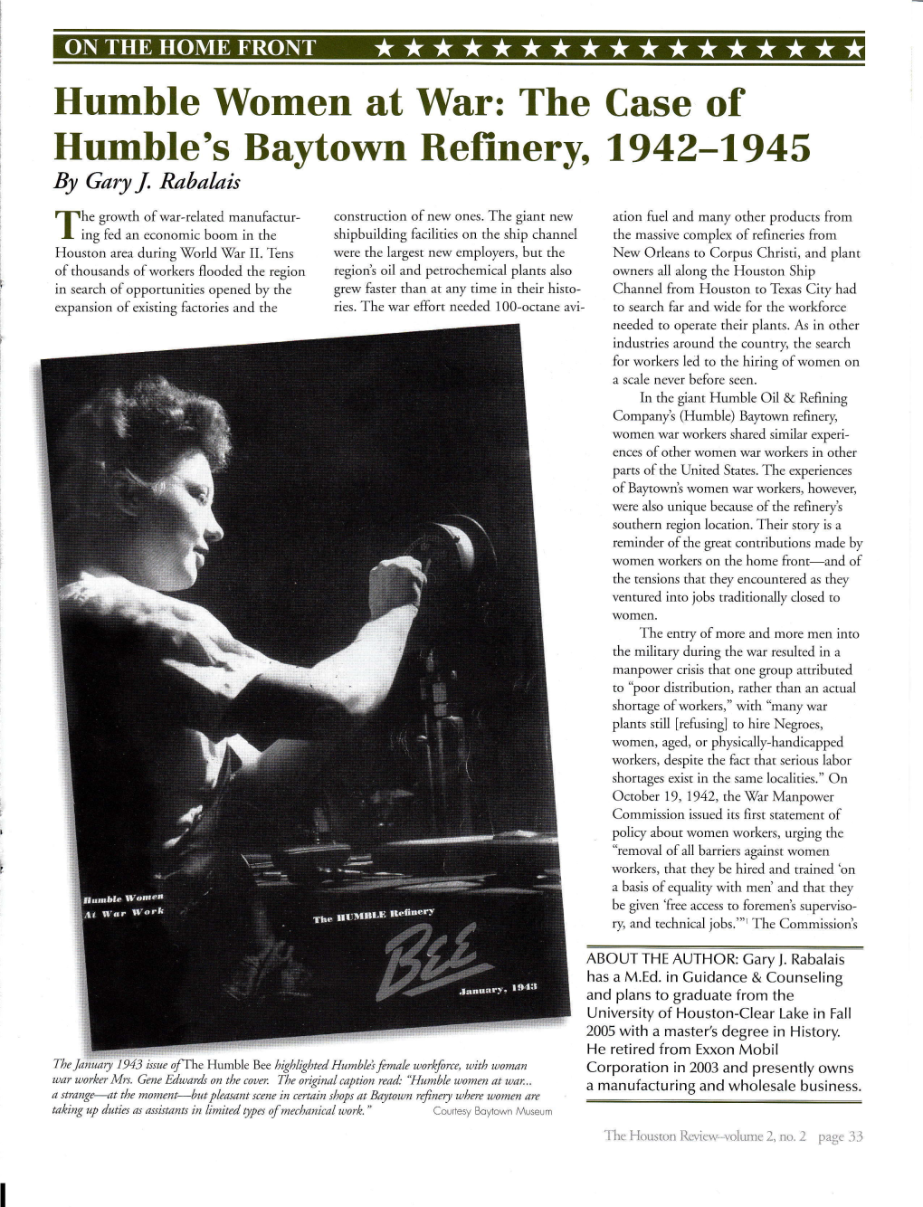 Humhle Women at War: the Case of Humhle's Baytown Refinery, 1942-1945 by Gary J