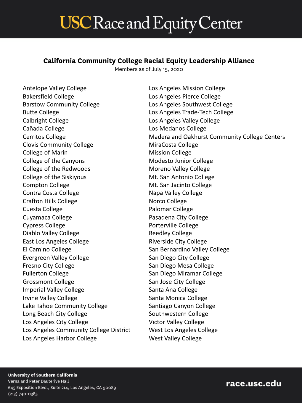 California Community College Racial Equity Leadership Alliance Members As of July 15, 2020