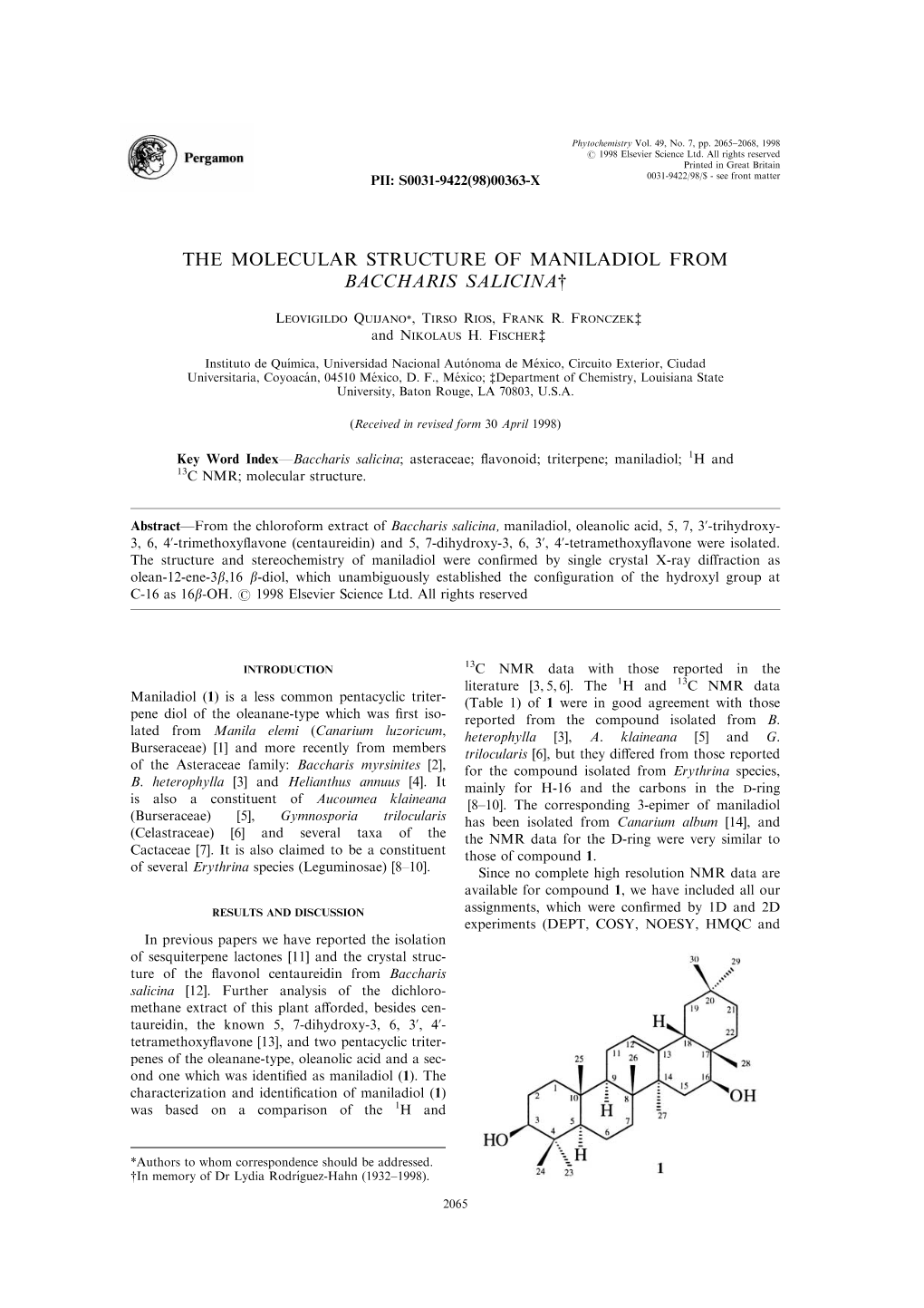 The Molecular Structure of Maniladiol from Baccharis Salicina{