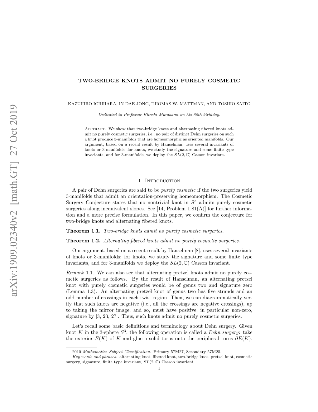 Arxiv:1909.02340V2 [Math.GT] 27 Oct 2019 Odd Number of Crossings in Each Twist Region