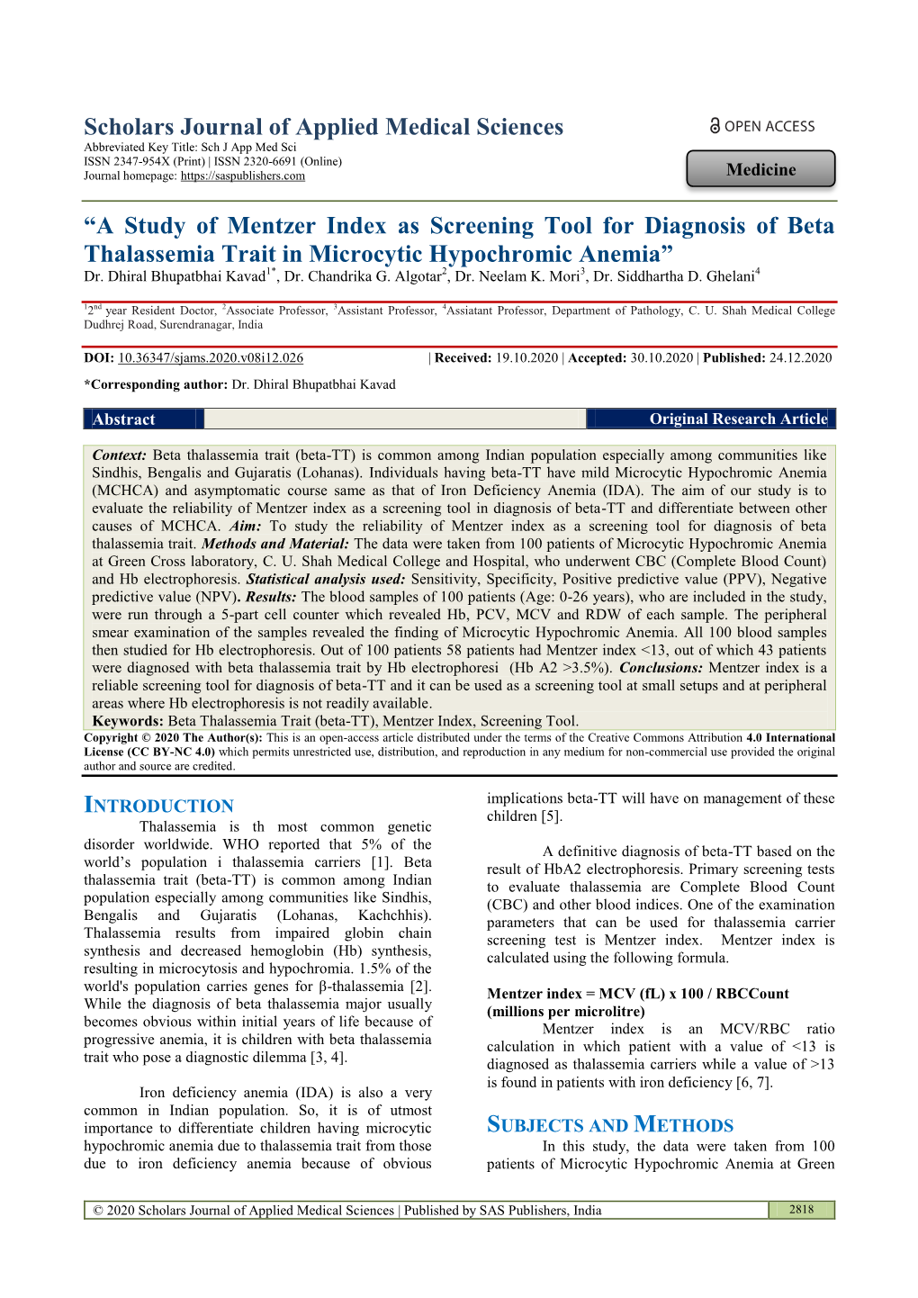 A Study of Mentzer Index As Screening Tool for Diagnosis of Beta Thalassemia Trait in Microcytic Hypochromic Anemia” Dr