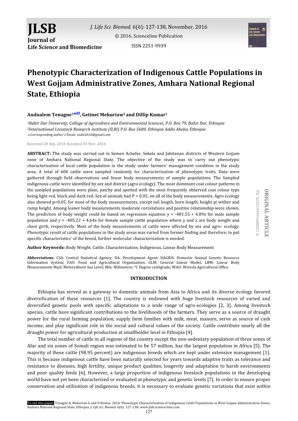 Phenotypic Characterization of Indigenous Cattle Populations in West Gojjam Administrative Zones, Amhara National Regional State, Ethiopia