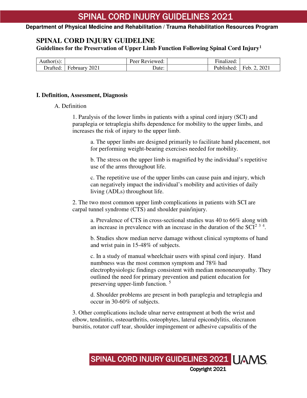 Spinal Cord Injury Guidelines 2021