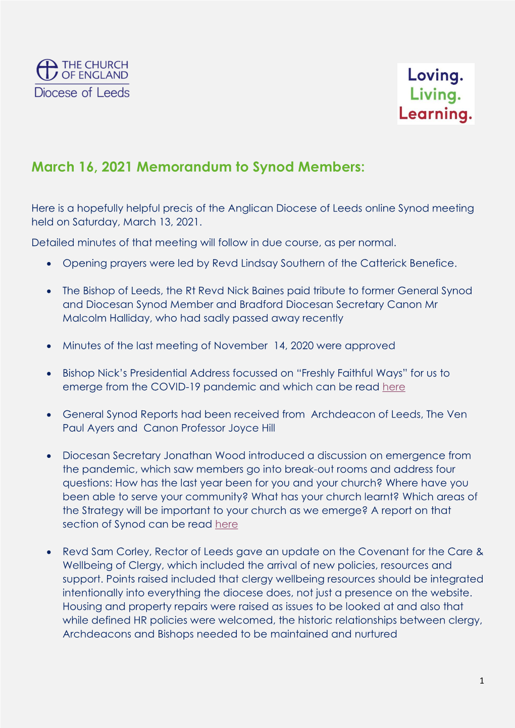 March 16, 2021 Memorandum to Synod Members