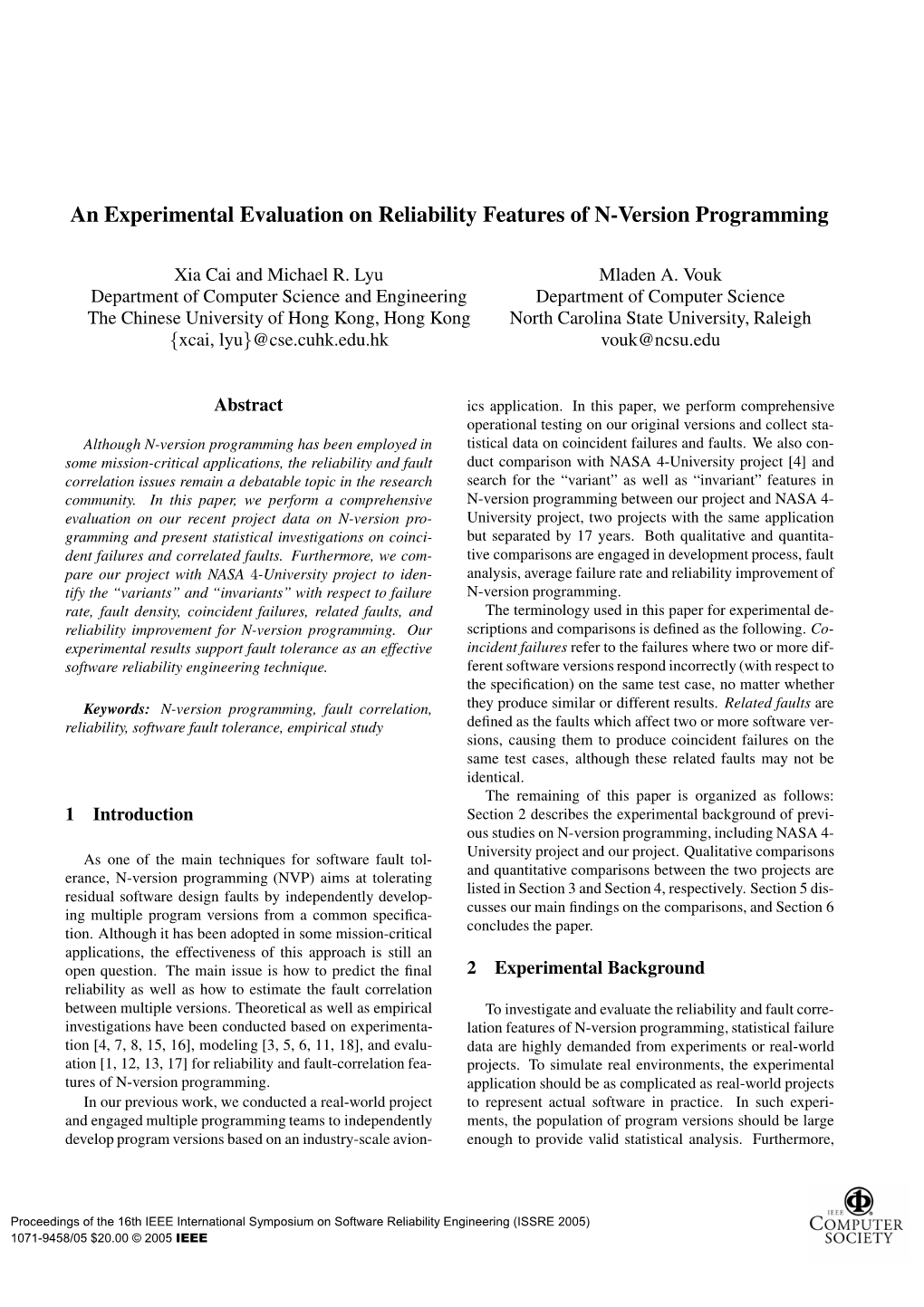 An Experimental Evaluation on Reliability Features of N-Version Programming