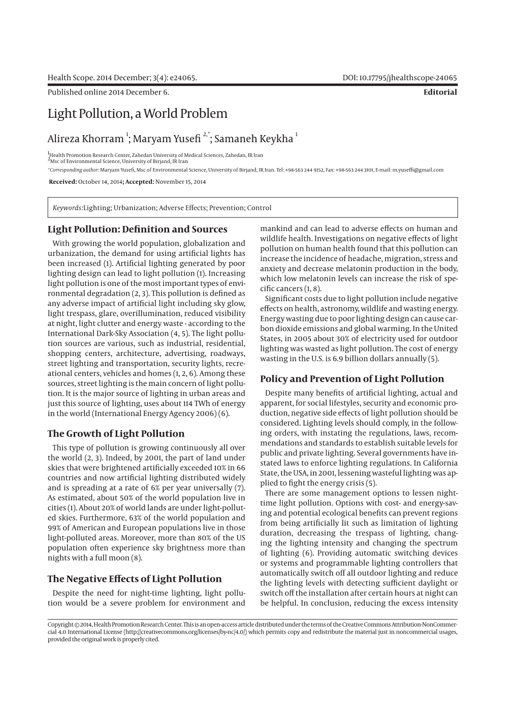 Light Pollution, a World Problem