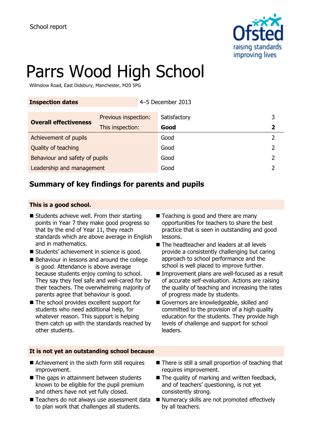 Parrs Wood High School Wilmslow Road, East Didsbury, Manchester, M20 5PG