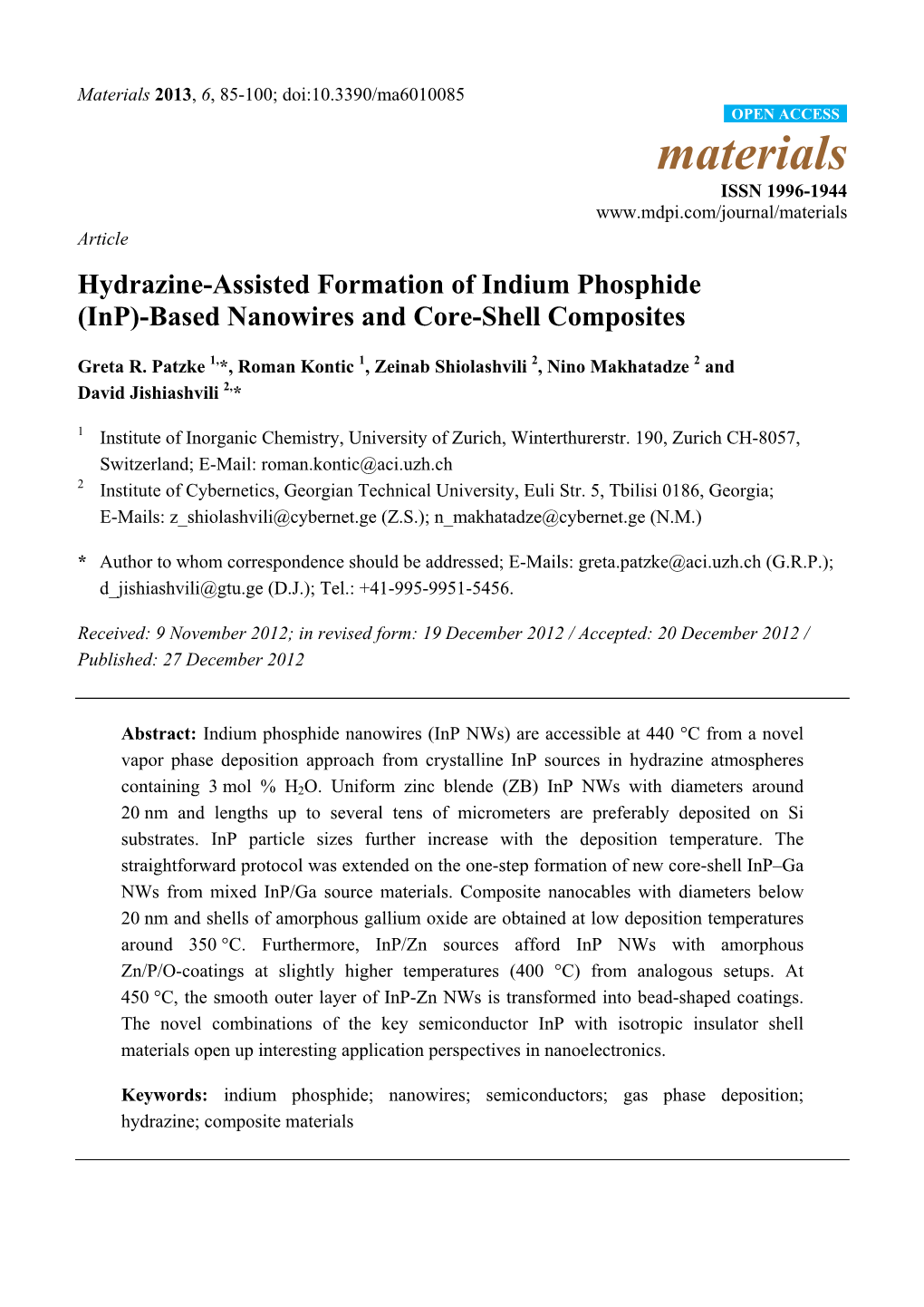 Hydrazine-Assisted Formation of Indium Phosphide (Inp)-Based Nanowires and Core-Shell Composites