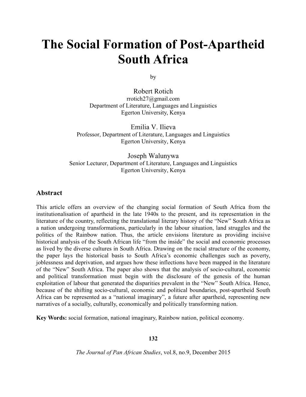 The Social Formation of Post-Apartheid South Africa