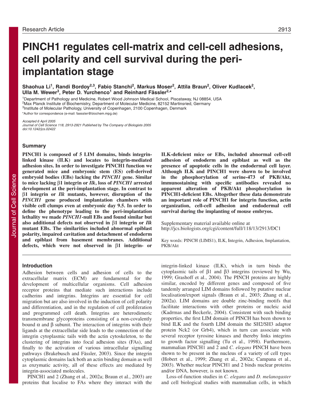 PINCH1 Regulates Cell-Matrix and Cell-Cell Adhesions, Cell Polarity and Cell Survival During the Peri- Implantation Stage