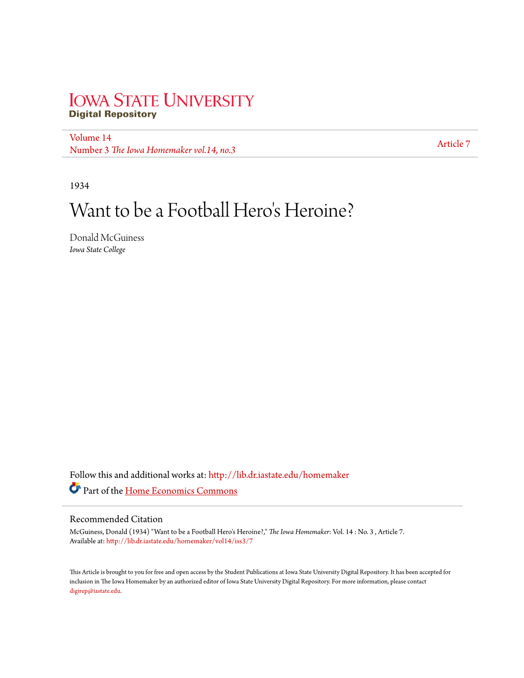 Want to Be a Football Hero's Heroine? Donald Mcguiness Iowa State College