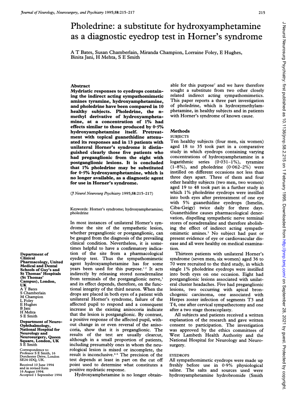 Pholedrine: a Substitute for Hydroxyamphetamine As a Diagnostic Eyedrop Test in Horner's Syndrome