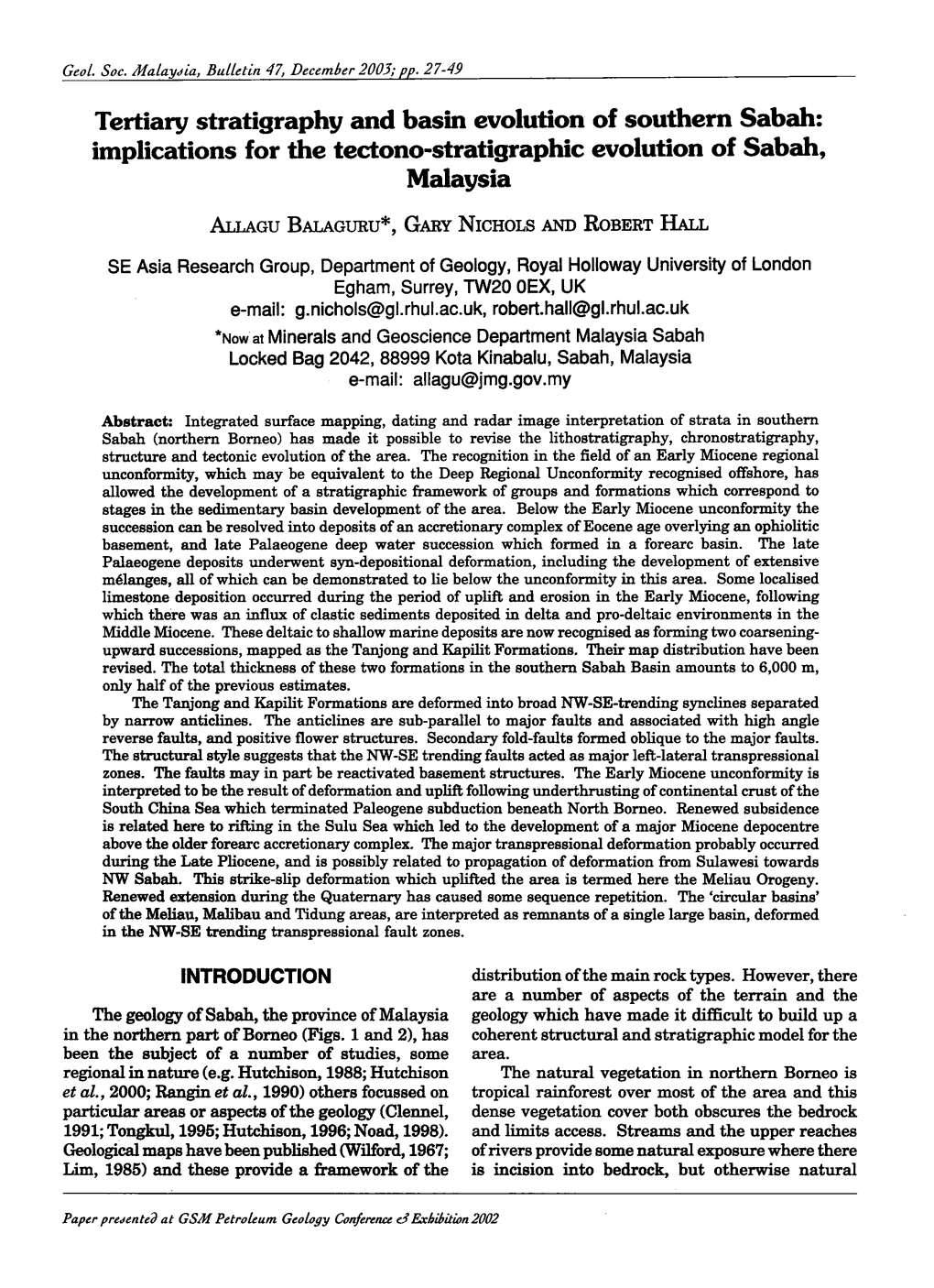 Tertiary Stratigraphy and Basin Evolution of Southern Sabah: Implications for the Tectono-Stratigraphic Evolution of Sabah, Malaysia