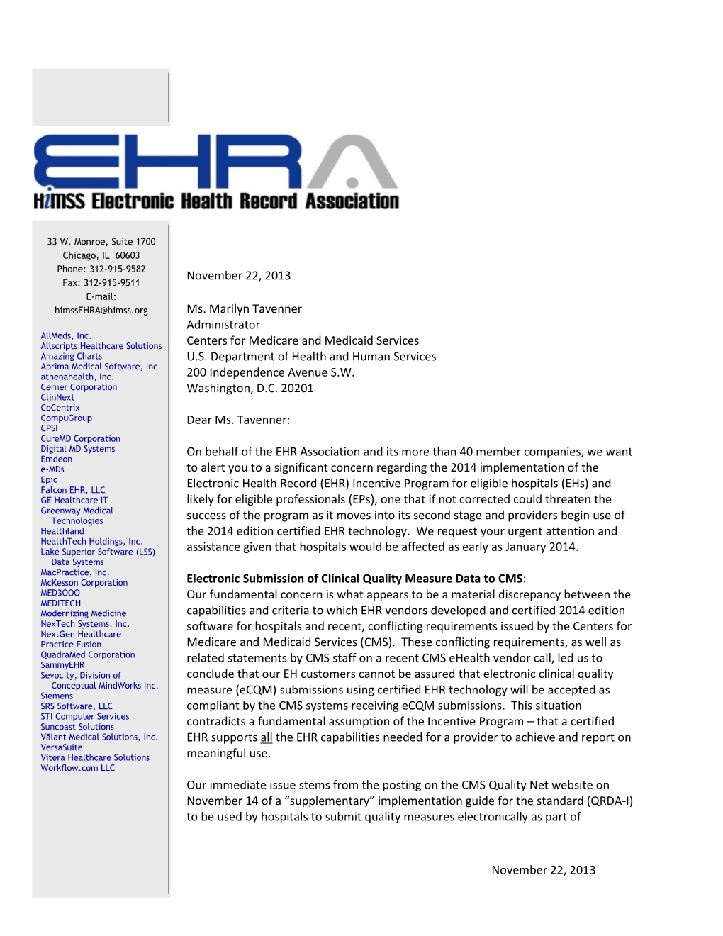 EHR Association QRDA Letter