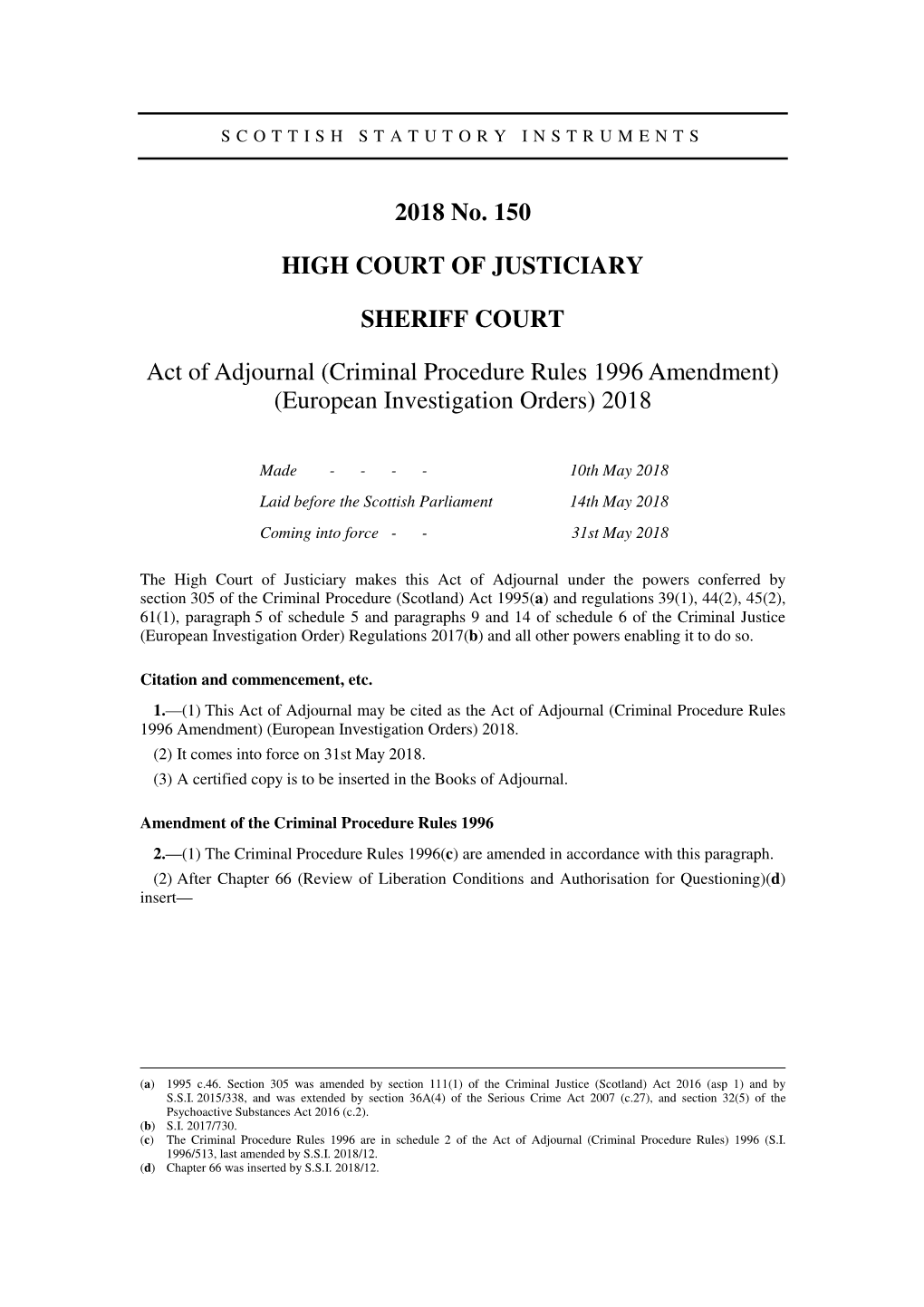 Act of Adjournal (Criminal Procedure Rules 1996 Amendment) (European Investigation Orders) 2018