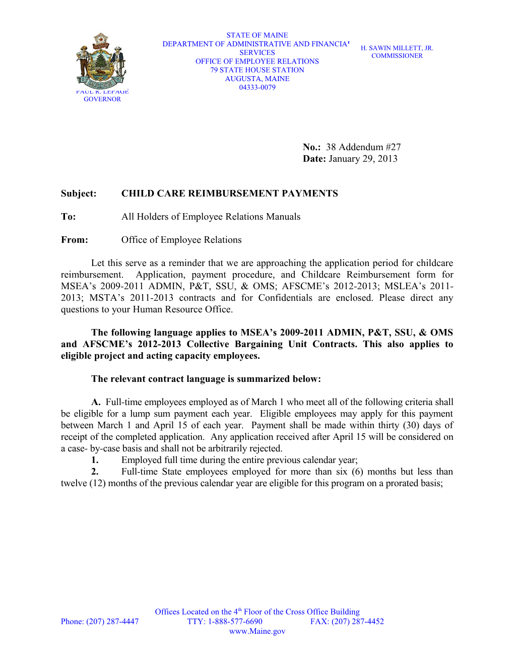 Subject: CHILD CARE REIMBURSEMENT PAYMENTS