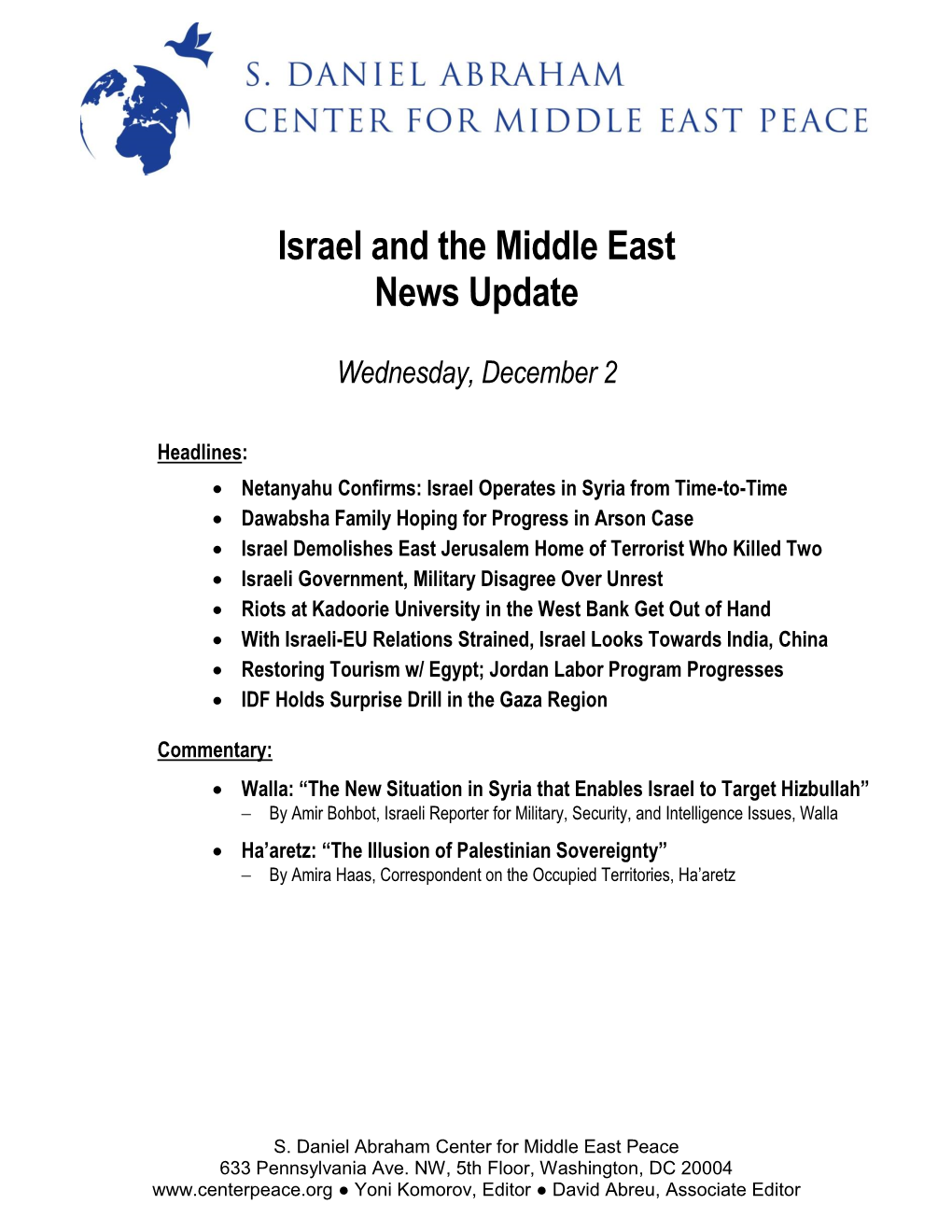 Israel and the Middle East News Update