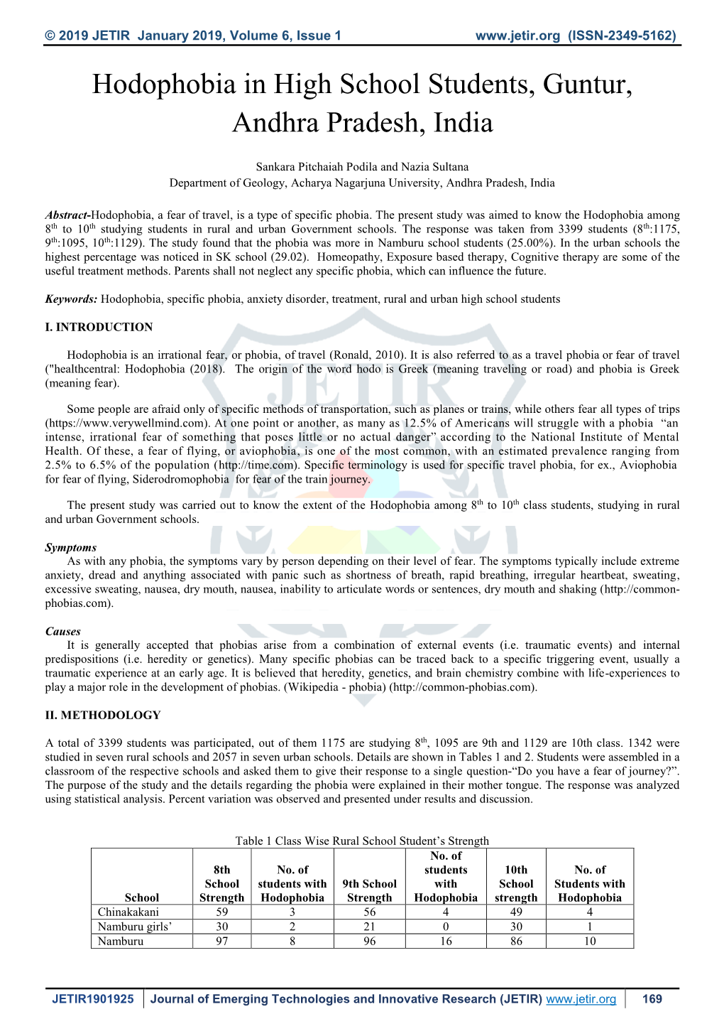 Hodophobia in High School Students, Guntur, Andhra Pradesh, India