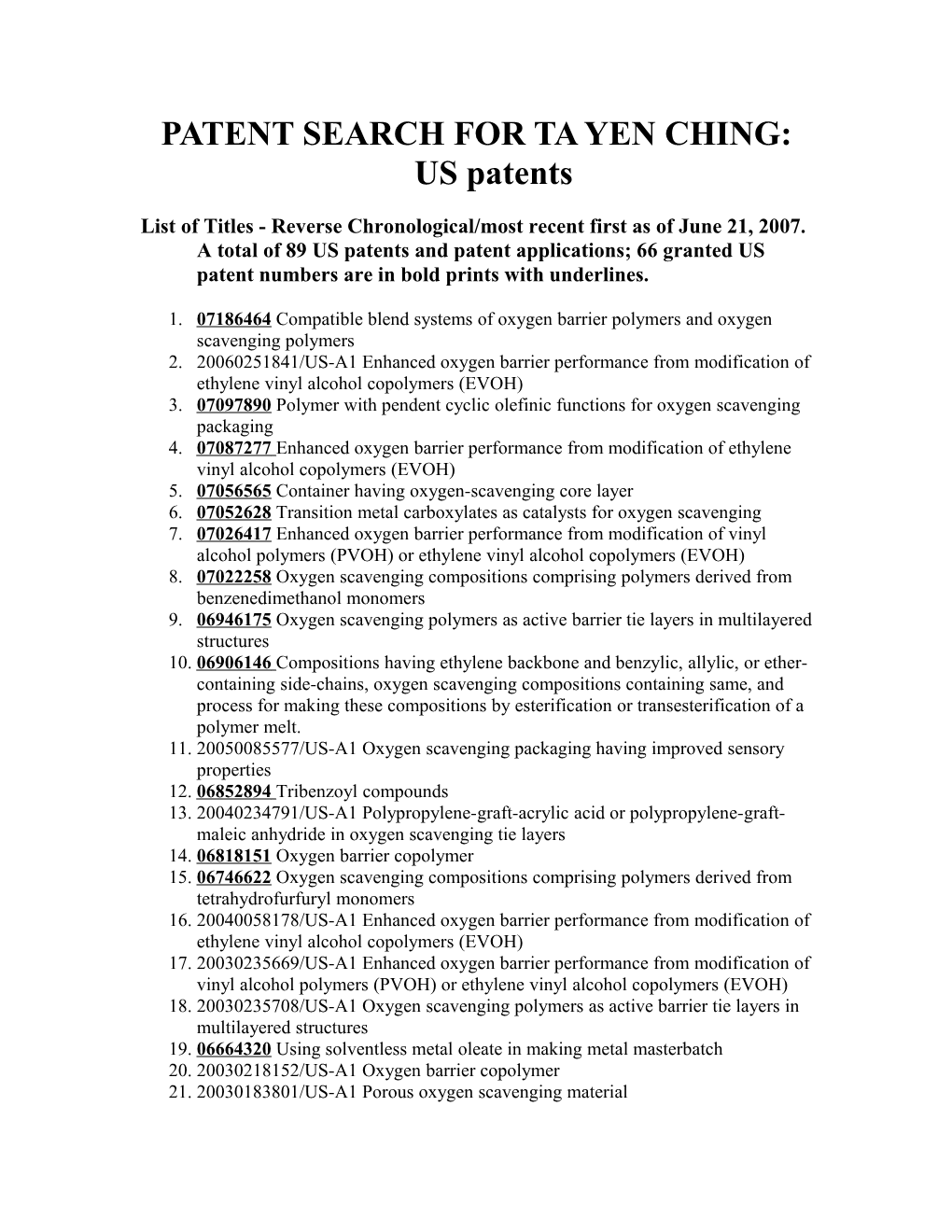 Patent Search for Ta Yen Ching: Us