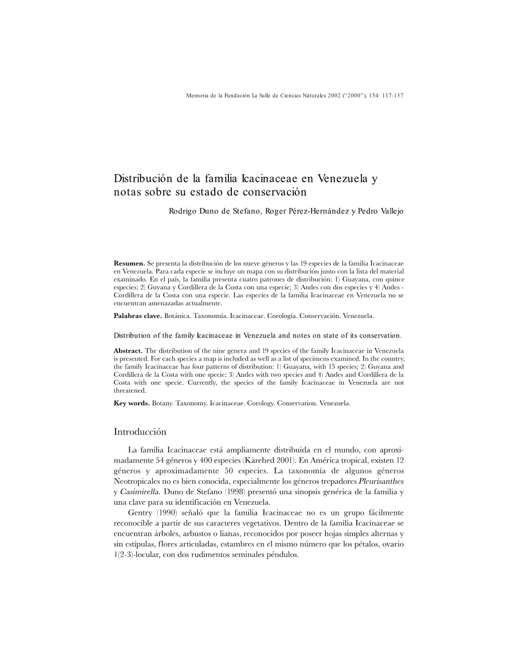 Distribución De La Familia Icacinaceae En Venezuela Y Notas Sobre Su Estado De Conservación