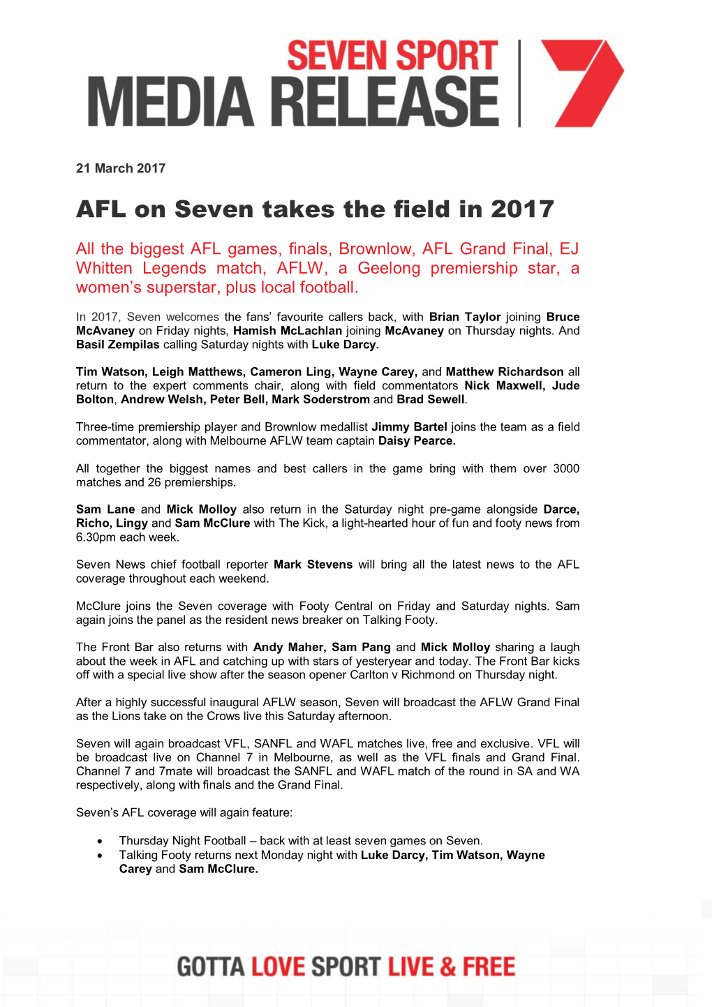 AFL on Seven Takes the Field in 2017