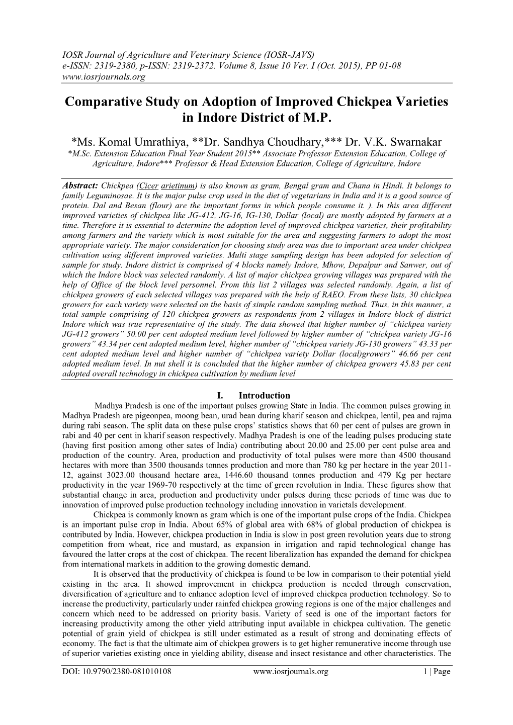 Comparative Study on Adoption of Improved Chickpea Varieties in Indore District of M.P