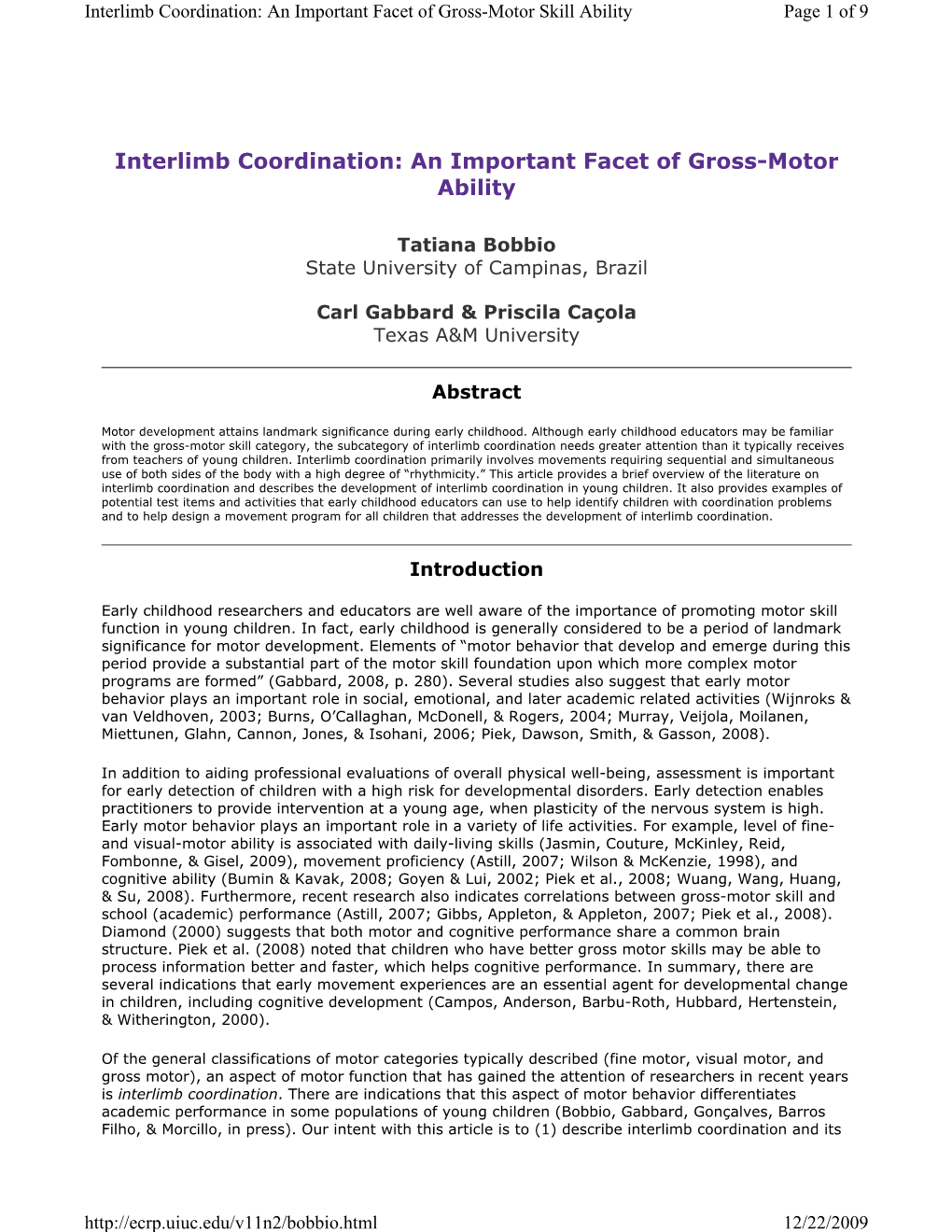 Interlimb Coordination: an Important Facet of Gross-Motor Skill Ability Page 1 of 9