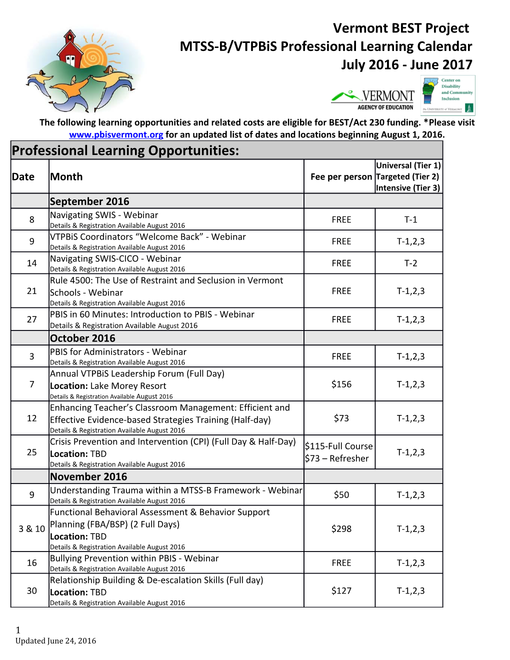 MTSS-B/Vtpbis Professional Learning Calendar