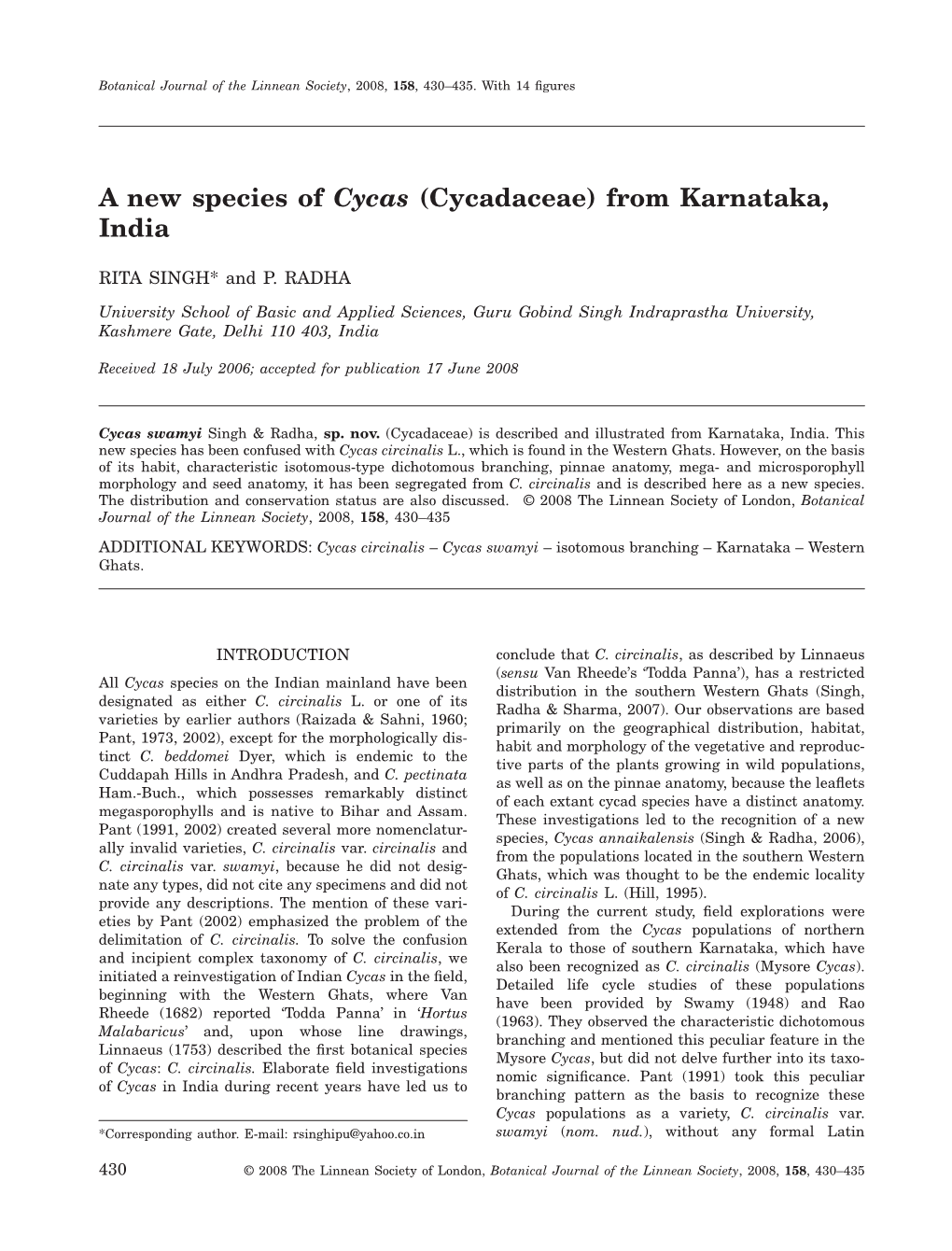 A New Species of Cycas (Cycadaceae) from Karnataka, India