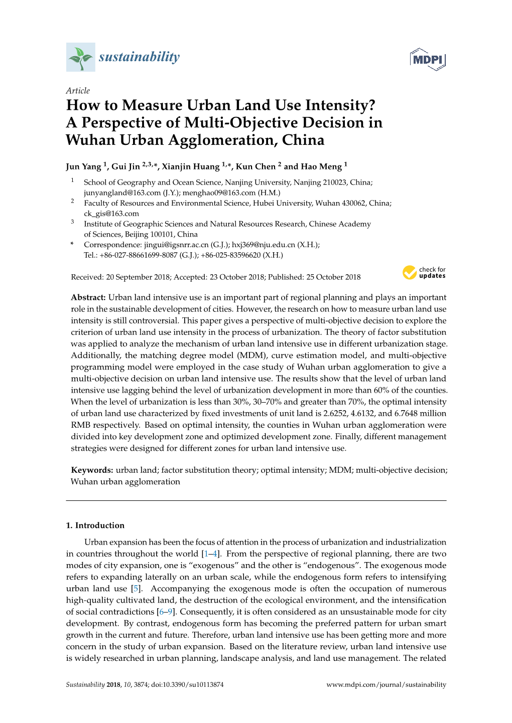 How to Measure Urban Land Use Intensity? a Perspective of Multi-Objective Decision in Wuhan Urban Agglomeration, China