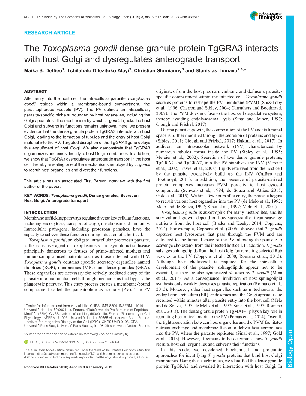 The Toxoplasma Gondii Dense Granule Protein Tggra3 Interacts with Host Golgi and Dysregulates Anterograde Transport Maika S