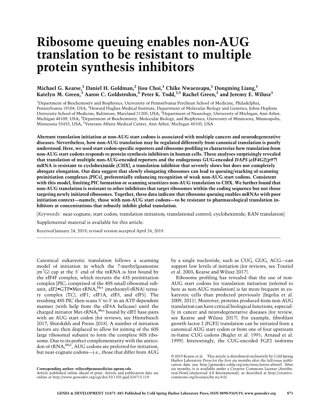 Ribosome Queuing Enables Non-AUG Translation to Be Resistant to Multiple Protein Synthesis Inhibitors