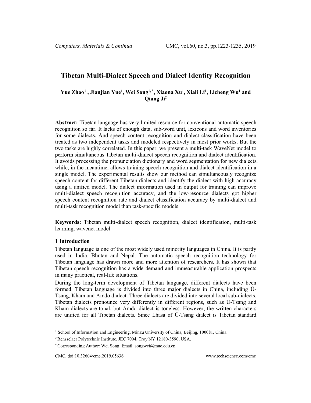 Tibetan Multi-Dialect Speech and Dialect Identity Recognition