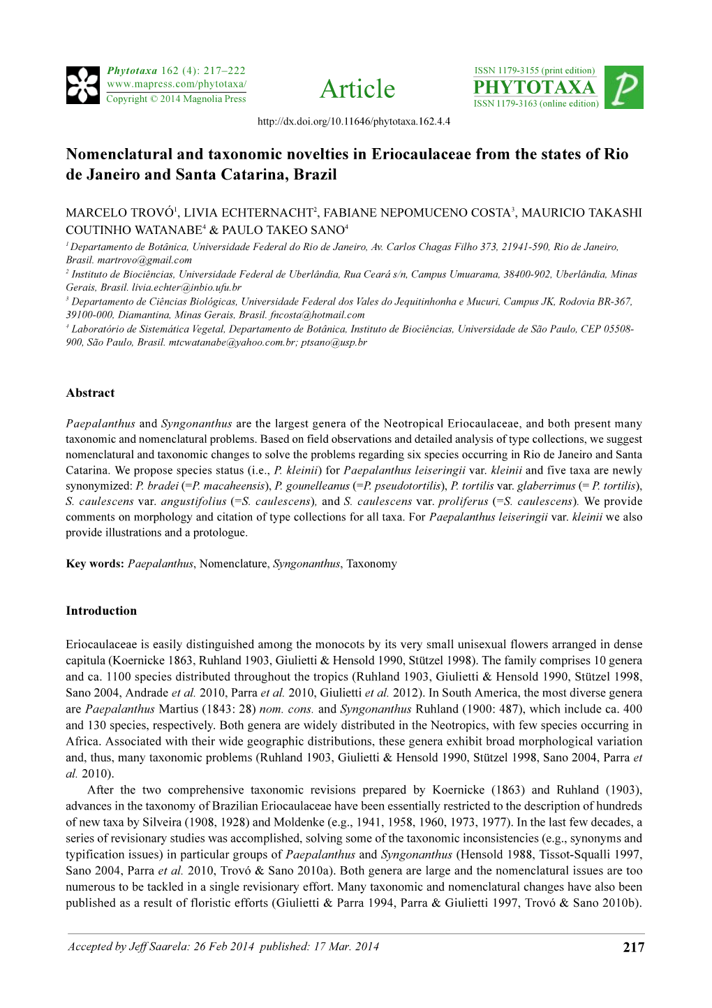 Nomenclatural and Taxonomic Novelties in Eriocaulaceae from the States of Rio De Janeiro and Santa Catarina, Brazil