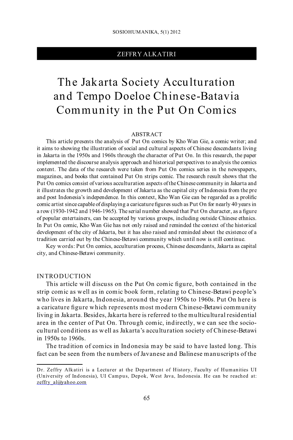 The Jakarta Society Acculturation and Tempo Doeloe Chinese-Batavia Community in the Put on Comics