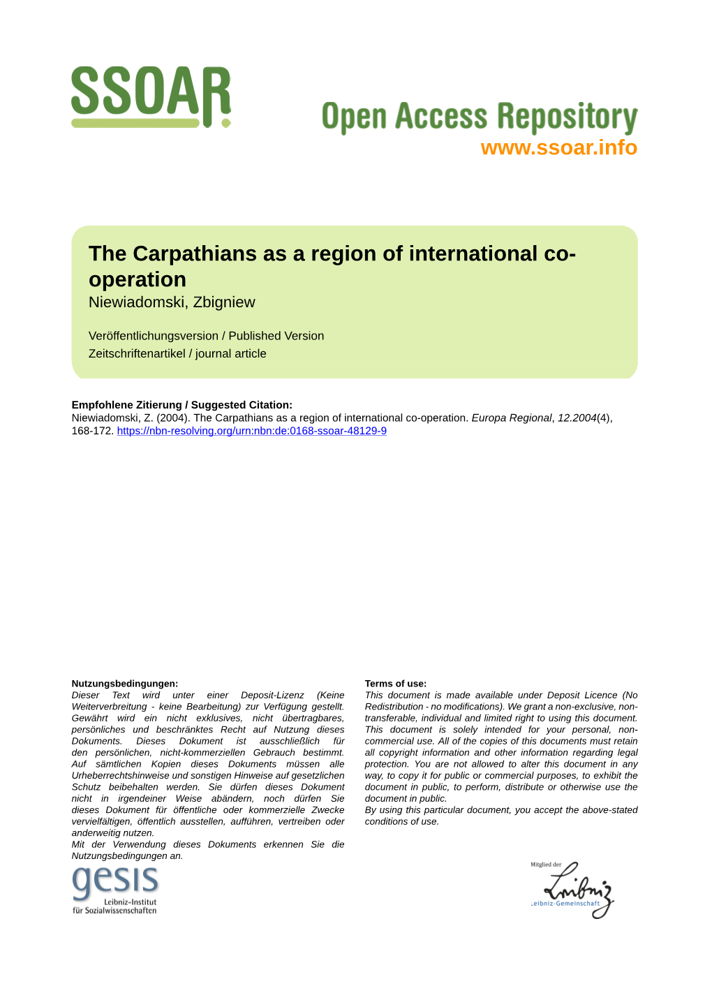 The Carpathians As a Region of International Co- Operation Niewiadomski, Zbigniew
