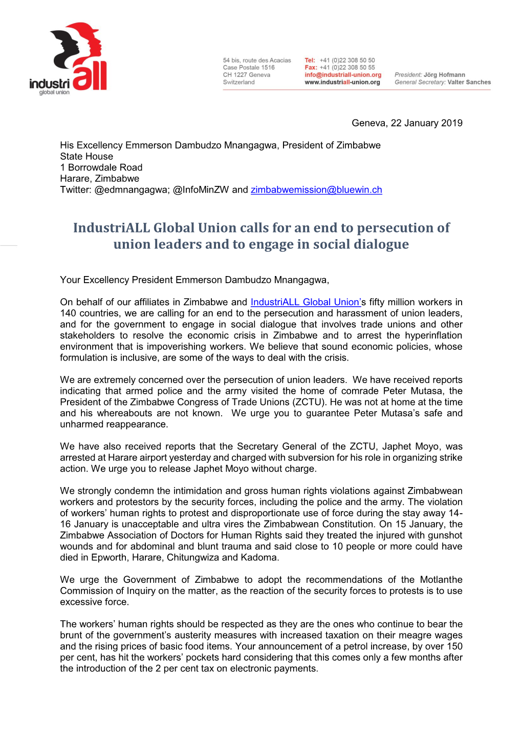 Industriall Letter to the President of Zimbabwe