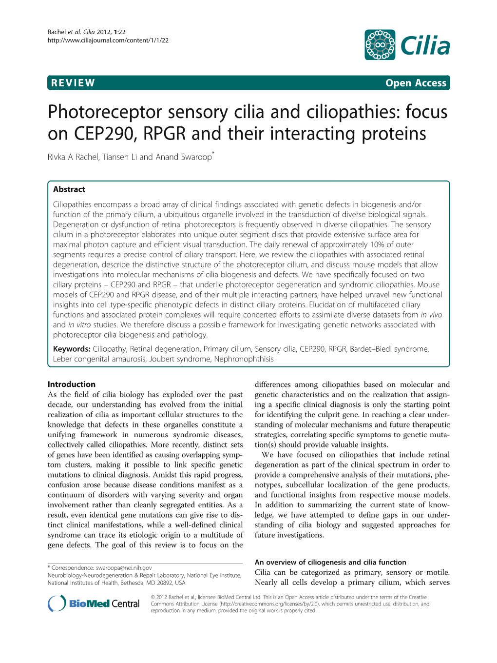 Focus on CEP290, RPGR and Their Interacting Proteins Rivka a Rachel, Tiansen Li and Anand Swaroop*