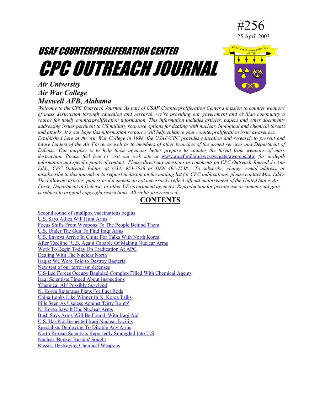 USAF Counterproliferation Center CPC Outreach Journal #256