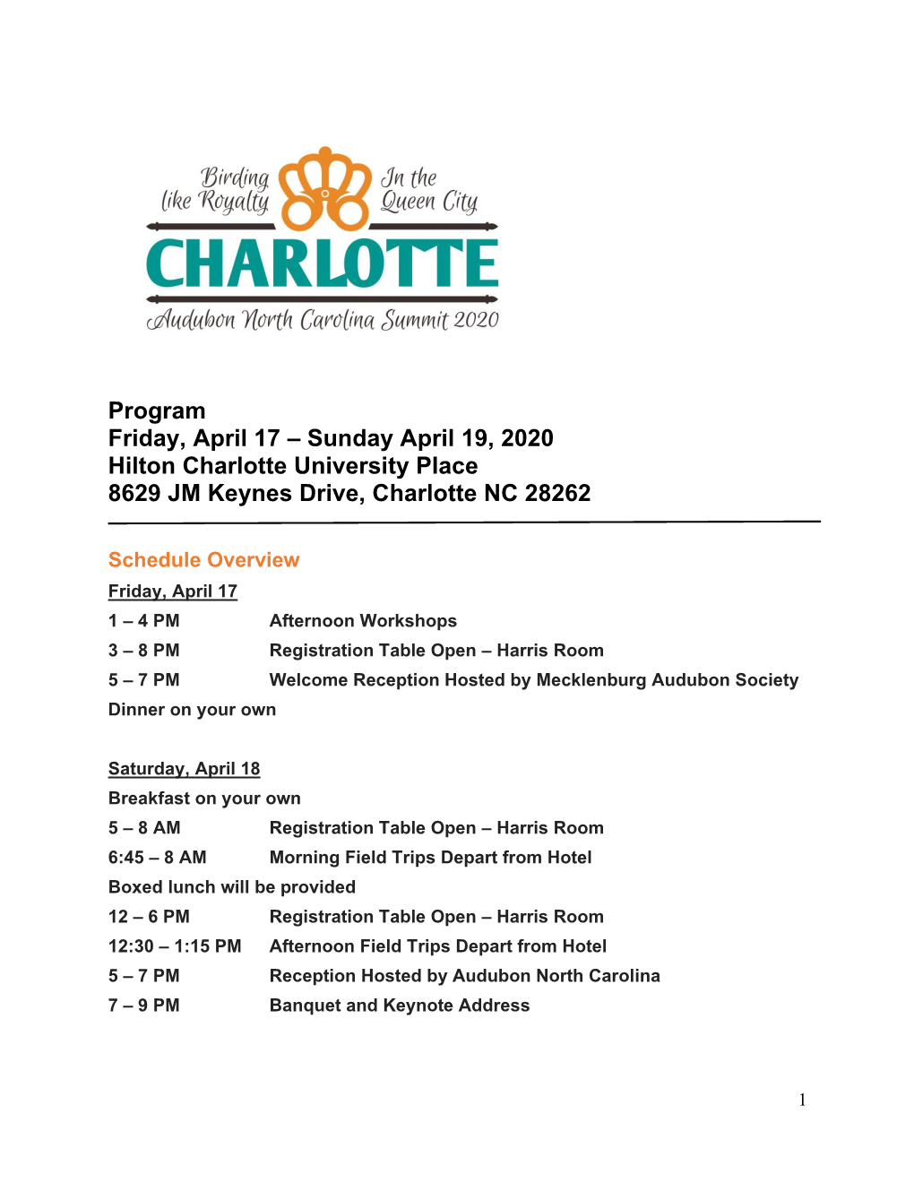 Program Friday, April 17 – Sunday April 19, 2020 Hilton Charlotte University Place 8629 JM Keynes Drive, Charlotte NC 28262