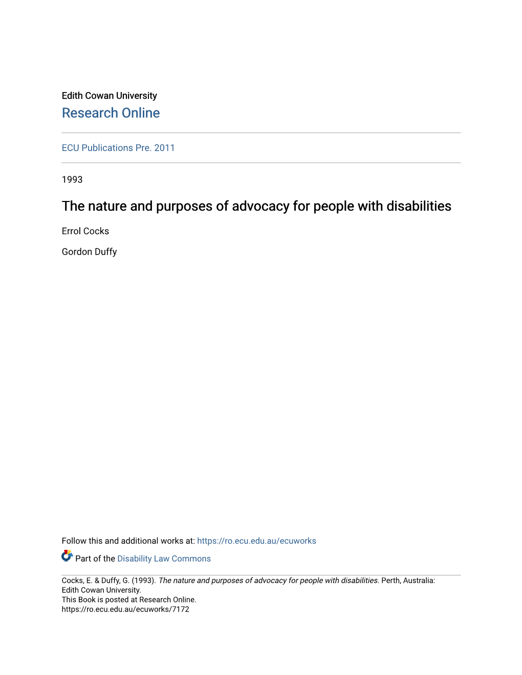 The Nature and Purposes of Advocacy for People with Disabilities